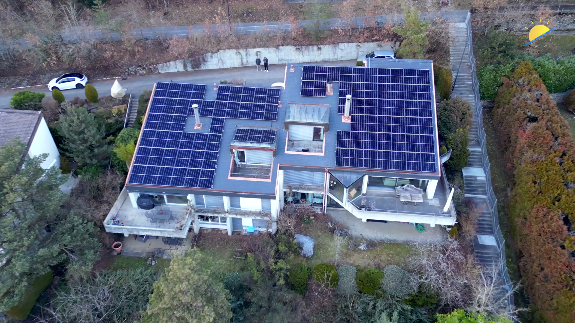 Aerial view of a roof fitted with solar panels